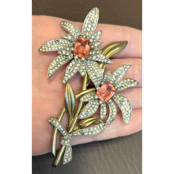 Vintage SIGNED PENNINO Large Floral Pink Clear Pave Rhinestone Brooch Pin